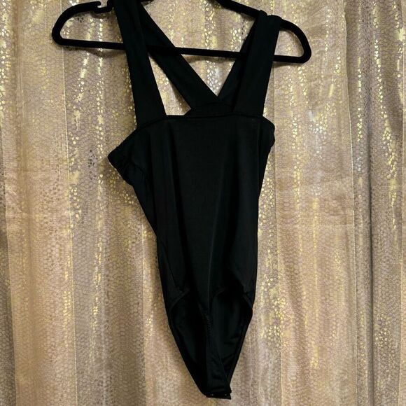 Express Black Asymmetrical Strappy Jersey Knit Smooth Bodysuit XS - Picture 2 of 6